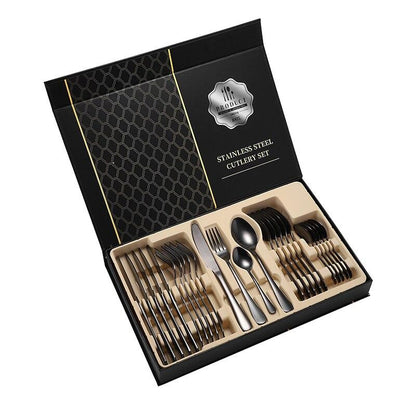 24pc dinnerware set 304 stainless steel gold silverware set With gift box kitchen steak knife tableware set spoon and fork set - Lily Depot