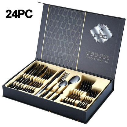 24pc dinnerware set 304 stainless steel gold silverware set With gift box kitchen steak knife tableware set spoon and fork set - Lily Depot