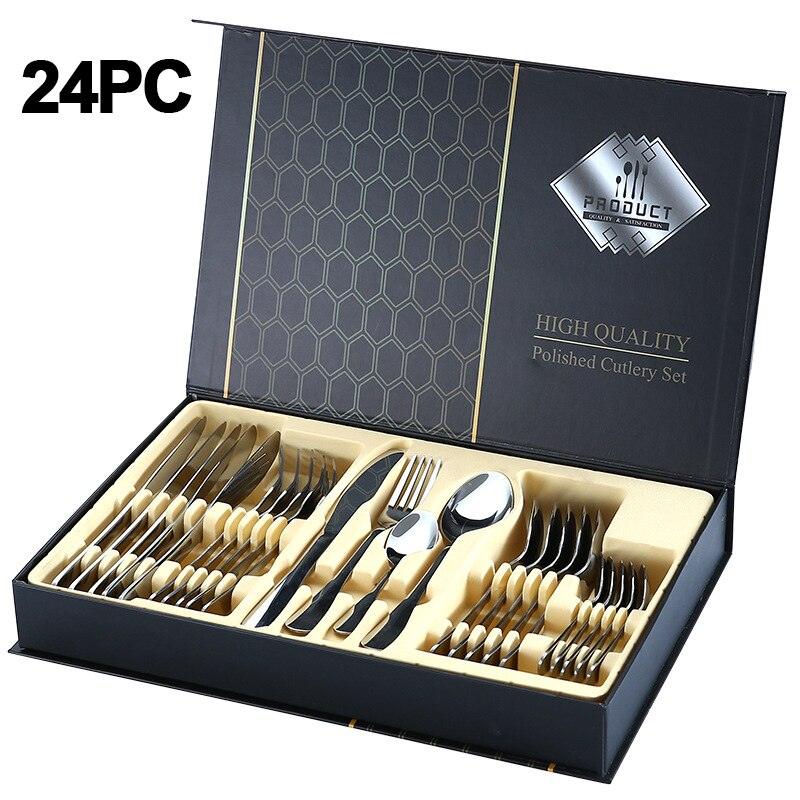 24pc dinnerware set 304 stainless steel gold silverware set With gift box kitchen steak knife tableware set spoon and fork set - Lily Depot