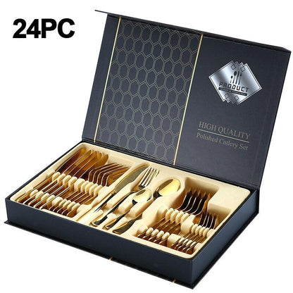 24pc dinnerware set 304 stainless steel gold silverware set With gift box kitchen steak knife tableware set spoon and fork set - Lily Depot
