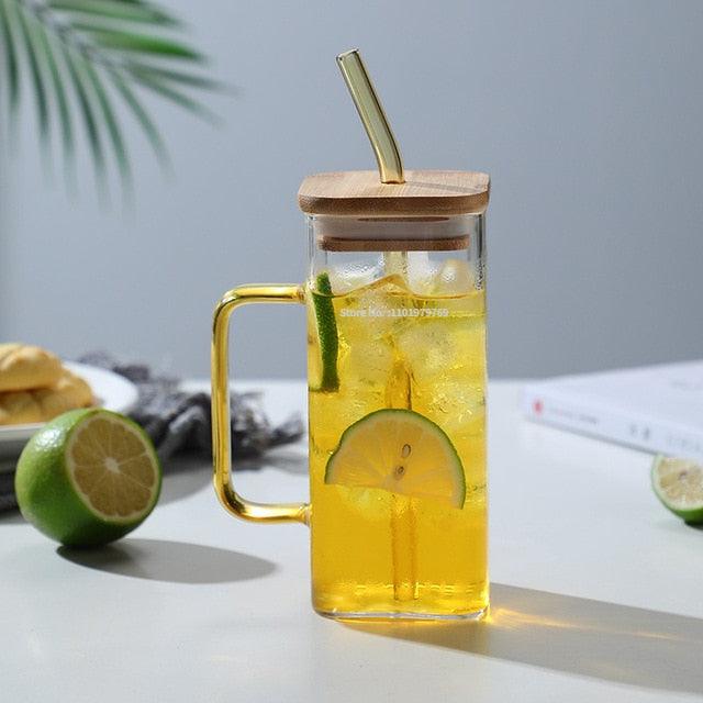 350/600ML Square Mug With Lids and Straws Single Colored Handle Layer Drinking Glass Cups For Iced Coffee Milk Bubble Tea Water - Lily Depot