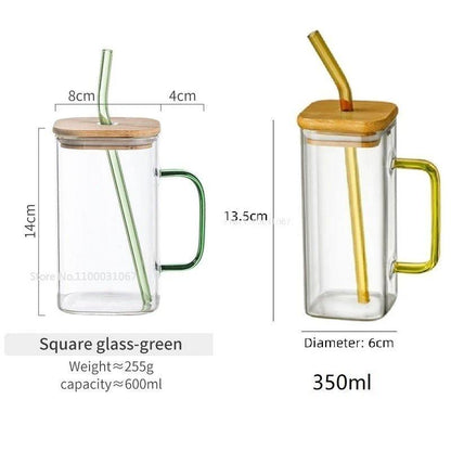 350/600ML Square Mug With Lids and Straws Single Colored Handle Layer Drinking Glass Cups For Iced Coffee Milk Bubble Tea Water - Lily Depot