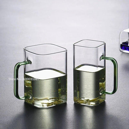 350/600ML Square Mug With Lids and Straws Single Colored Handle Layer Drinking Glass Cups For Iced Coffee Milk Bubble Tea Water - Lily Depot