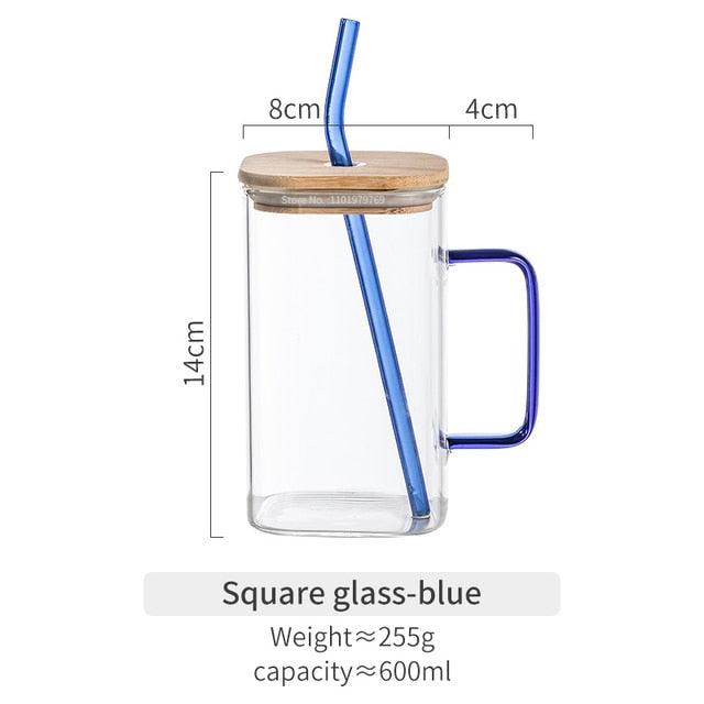 350/600ML Square Mug With Lids and Straws Single Colored Handle Layer Drinking Glass Cups For Iced Coffee Milk Bubble Tea Water - Lily Depot