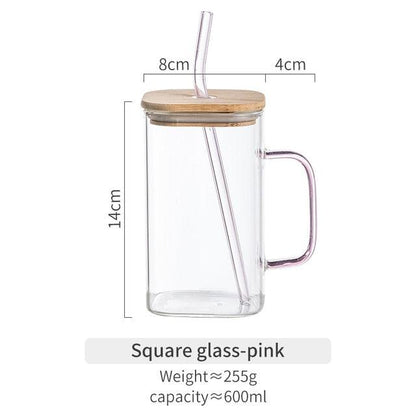 350/600ML Square Mug With Lids and Straws Single Colored Handle Layer Drinking Glass Cups For Iced Coffee Milk Bubble Tea Water - Lily Depot