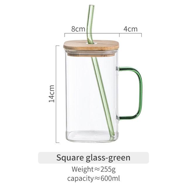 350/600ML Square Mug With Lids and Straws Single Colored Handle Layer Drinking Glass Cups For Iced Coffee Milk Bubble Tea Water - Lily Depot