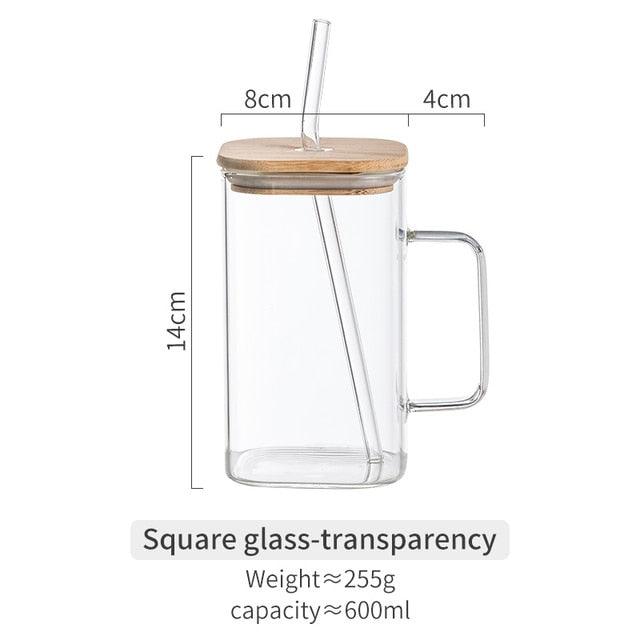 350/600ML Square Mug With Lids and Straws Single Colored Handle Layer Drinking Glass Cups For Iced Coffee Milk Bubble Tea Water - Lily Depot