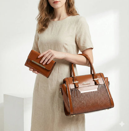 Set Tasche und Geldbörse aus Echtleder - Croc