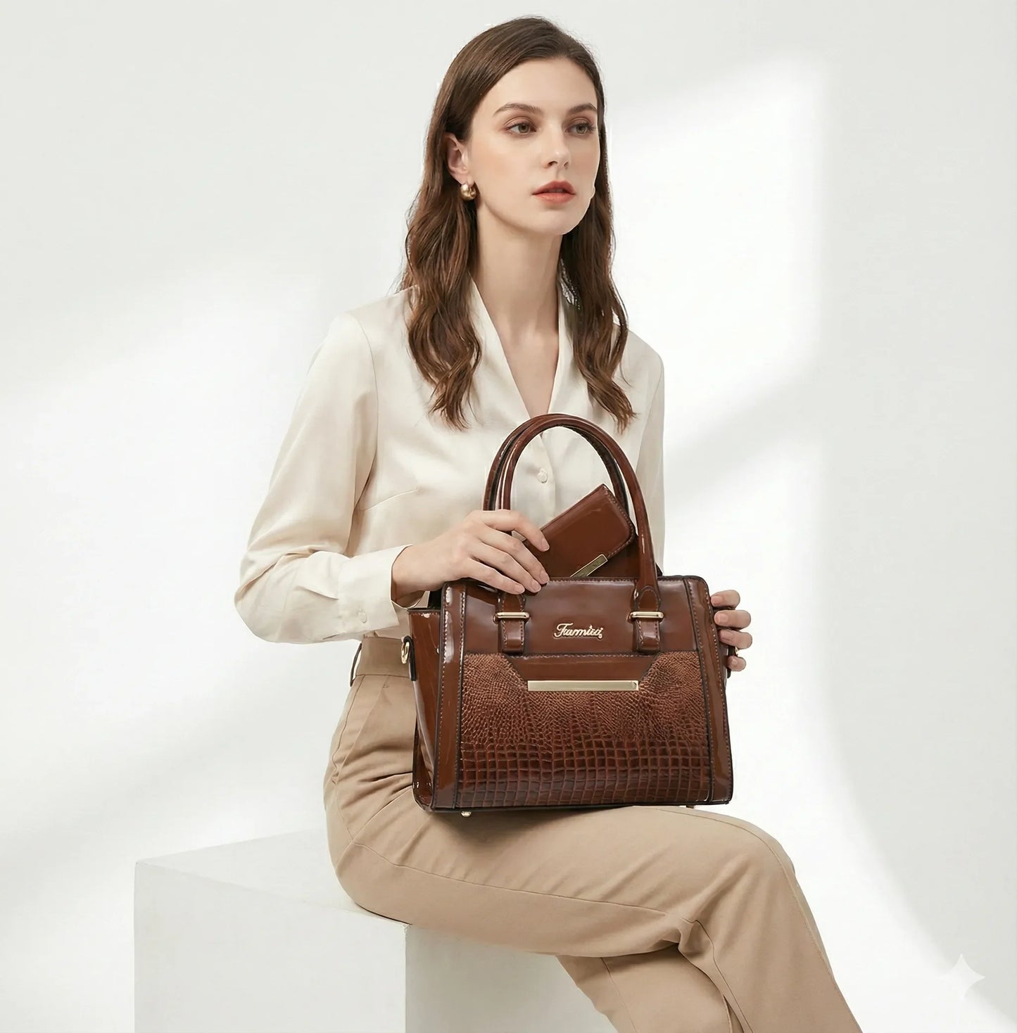 Set Tasche und Geldbörse aus Echtleder - Croc