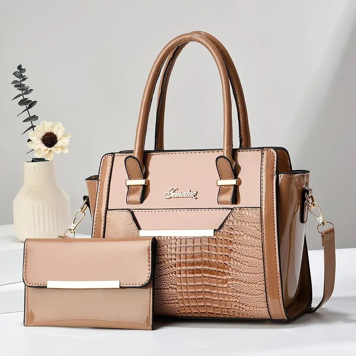 Set Tasche und Geldbörse aus Echtleder - Croc