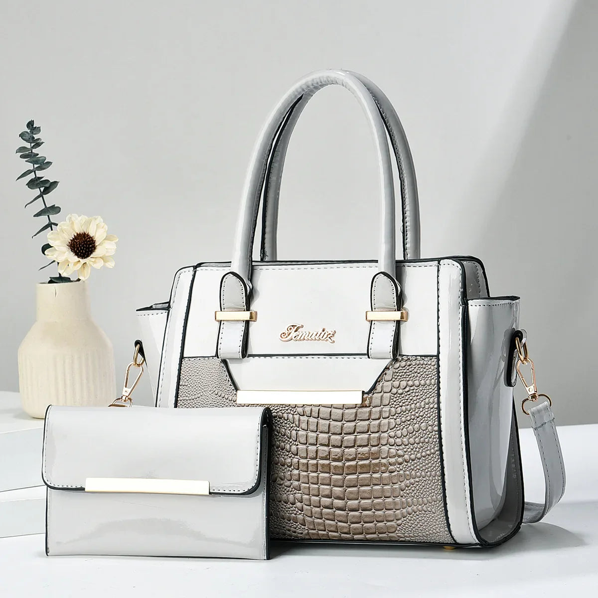 Set Tasche und Geldbörse aus Echtleder - Croc