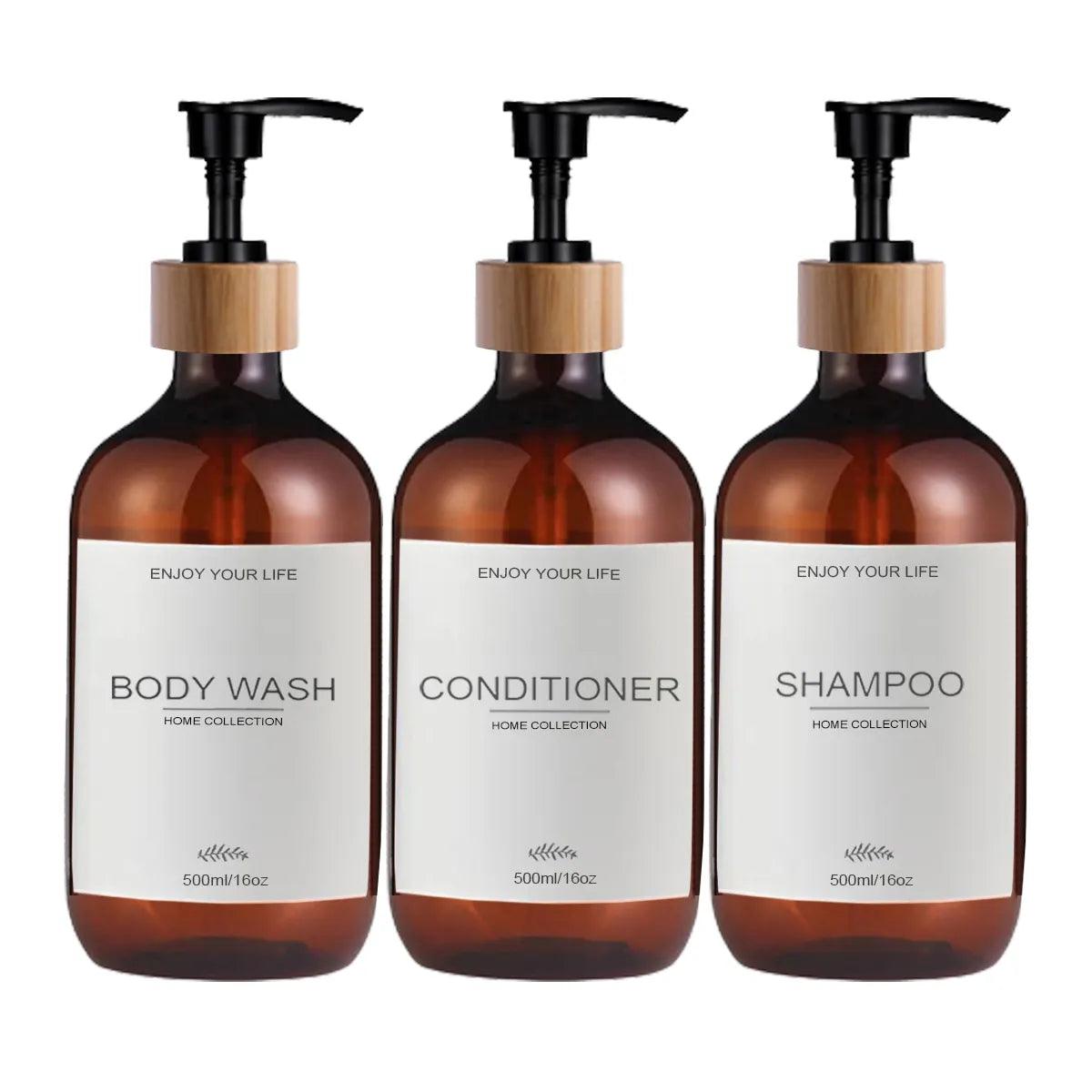 Bathroom 3 Pack Amber Shampoo and Conditioner Bottles Dispenser with Bamboo pump Refillable Shower Soap Dispenser - Lily Depot