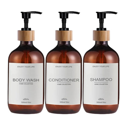 Bathroom 3 Pack Amber Shampoo and Conditioner Bottles Dispenser with Bamboo pump Refillable Shower Soap Dispenser - Lily Depot