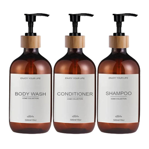 Bathroom 3 Pack Amber Shampoo and Conditioner Bottles Dispenser with Bamboo pump Refillable Shower Soap Dispenser - Lily Depot