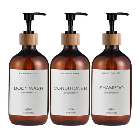 Bathroom 3 Pack Amber Shampoo and Conditioner Bottles Dispenser with Bamboo pump Refillable Shower Soap Dispenser - Lily Depot