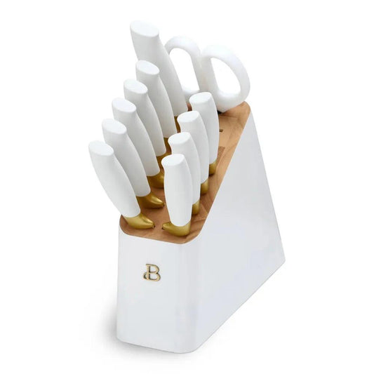 Beautiful 12 Pieces Knife Block Set with Soft-Grip Ergonomic Handles White and Gold by Drew Barrymore - Lily Depot