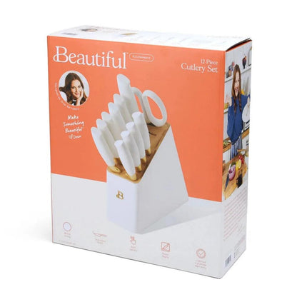 Beautiful 12 Pieces Knife Block Set with Soft-Grip Ergonomic Handles White and Gold by Drew Barrymore - Lily Depot