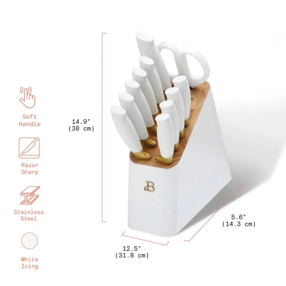 Beautiful 12 Pieces Knife Block Set with Soft-Grip Ergonomic Handles White and Gold by Drew Barrymore - Lily Depot