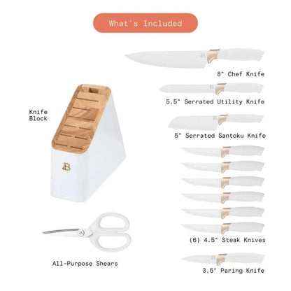 Beautiful 12 Pieces Knife Block Set with Soft-Grip Ergonomic Handles White and Gold by Drew Barrymore - Lily Depot