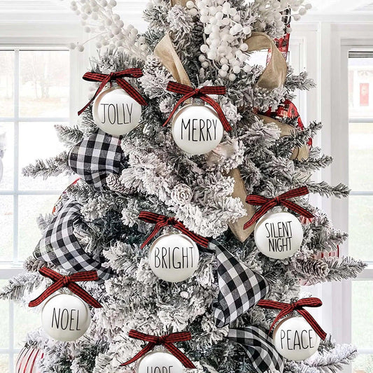 Christmas Tree Balls With Buffalo Plaid Bow White Holiday Ball Country Cottage Decoration Christmas Decoration For Home New Year - Lily Depot