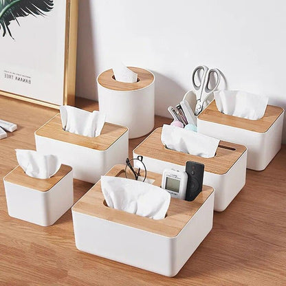 Desktop Tissue Paper Box Remote Control Storage Rack Wooden Cover Napkin Case Square Plastic Tissues Holder Kitchen Living Room - Lily Depot