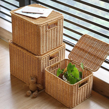 Echome Storage Box Large Bedroom Clothes Storage Box with Lid Imitation Rattan Woven with Lid Storage Basket In-Wardrobe Basket - Lily Depot