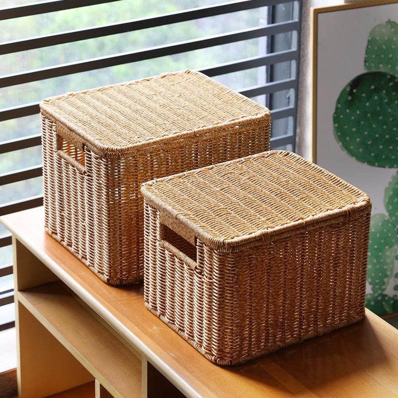 Echome Storage Box Large Bedroom Clothes Storage Box with Lid Imitation Rattan Woven with Lid Storage Basket In-Wardrobe Basket - Lily Depot