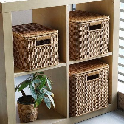 Echome Storage Box Large Bedroom Clothes Storage Box with Lid Imitation Rattan Woven with Lid Storage Basket In-Wardrobe Basket - Lily Depot