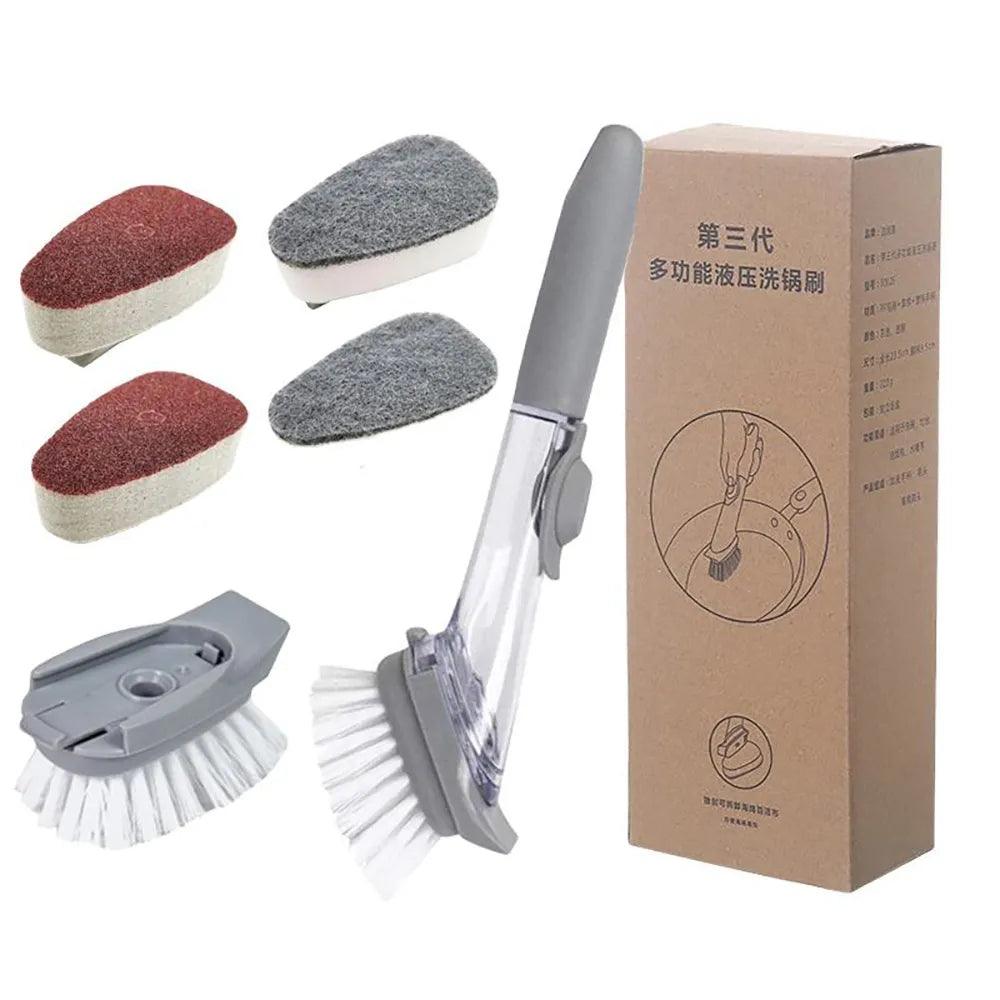 FUTUKNIGHT Dish Brush Handle Soap Dispenser Pots Pans Sink Kitchen Cleaning Scrubber 5 Replaceable Brush Heads Grey FUT070 - Lily Depot