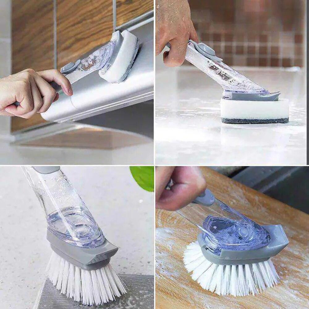 FUTUKNIGHT Dish Brush Handle Soap Dispenser Pots Pans Sink Kitchen Cleaning Scrubber 5 Replaceable Brush Heads Grey FUT070 - Lily Depot
