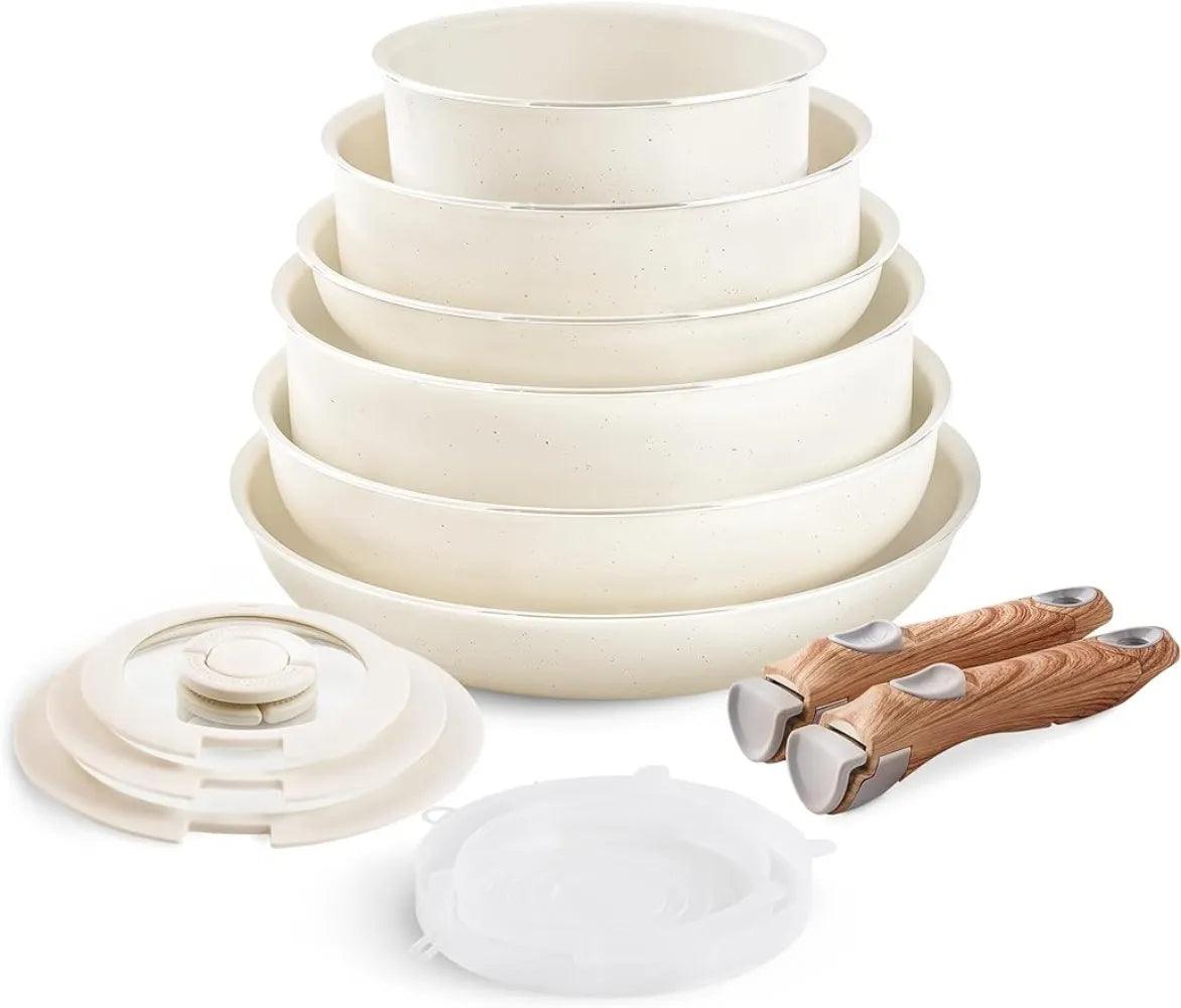 Granite Kitchen Cookware Sets,Cookware Set-13 PCS Stackable Pots and Pans Set Detachable Handle Camping Cookware, - Lily Depot