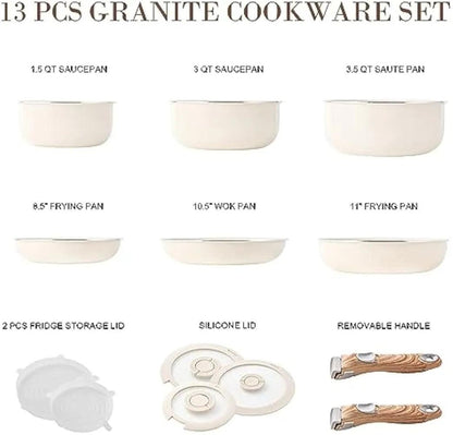 Granite Kitchen Cookware Sets,Cookware Set-13 PCS Stackable Pots and Pans Set Detachable Handle Camping Cookware, - Lily Depot