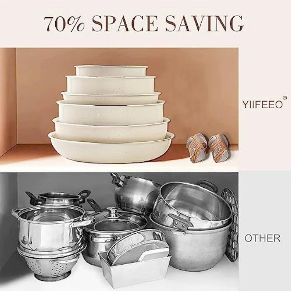 Granite Kitchen Cookware Sets,Cookware Set-13 PCS Stackable Pots and Pans Set Detachable Handle Camping Cookware, - Lily Depot