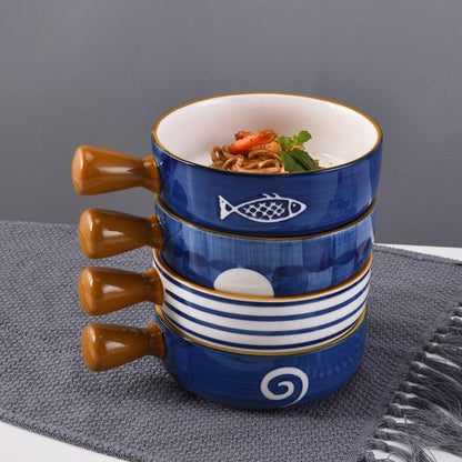Japanese Ceramic Ramen Bowl With Handle Fruit Salad Dessert Snack Bowls Korean Kitchen Tableware Mixing Cereal Rice Bowl Sets - Lily Depot