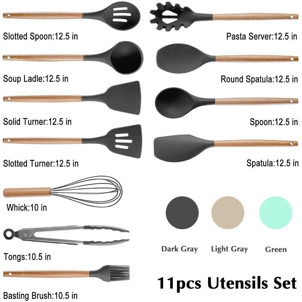 Kitchen Utensils Set Silicone Cookware Eco-friendly Wood Handle Kitchen Cooking Tool Grey Spatula Turner Ladle Kitchenware - Lily Depot
