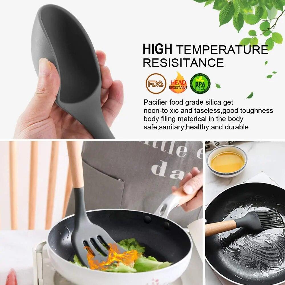 Kitchen Utensils Set Silicone Cookware Eco-friendly Wood Handle Kitchen Cooking Tool Grey Spatula Turner Ladle Kitchenware - Lily Depot