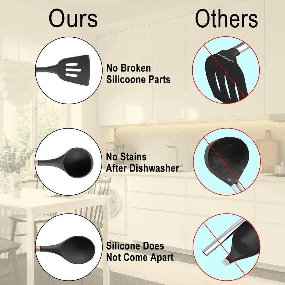 Kitchen Utensils Set Silicone Cookware Eco-friendly Wood Handle Kitchen Cooking Tool Grey Spatula Turner Ladle Kitchenware - Lily Depot