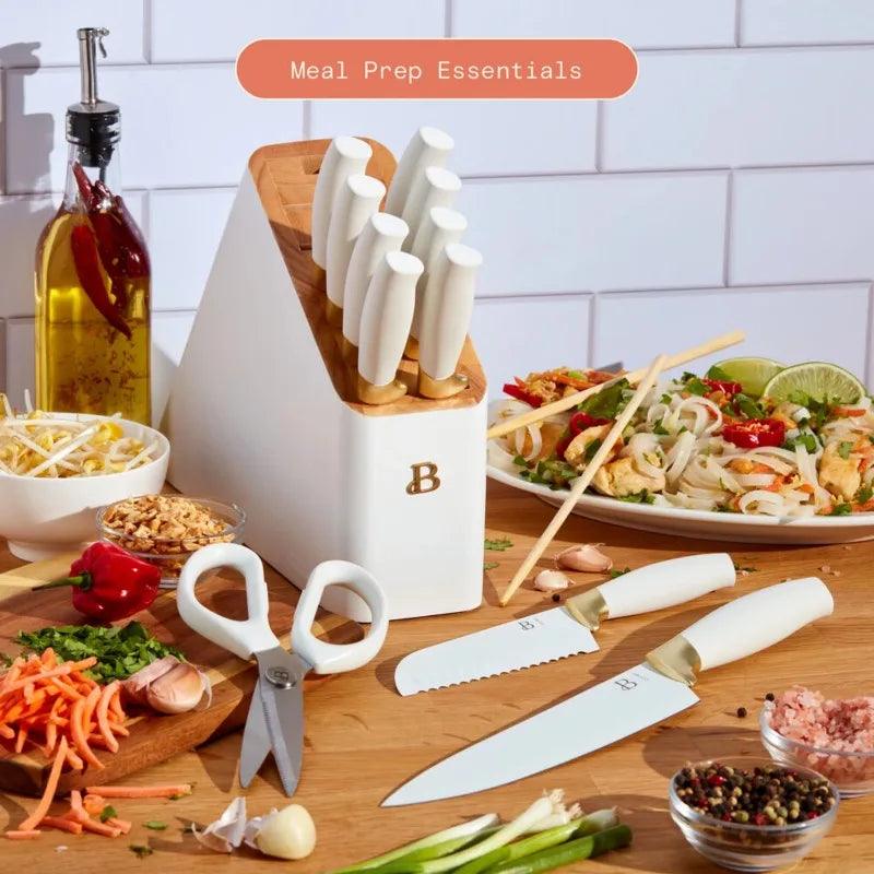 knives Beautiful 12 Piece Knife Block Set with Soft-Grip Ergonomic Handles White and Gold - Lily Depot
