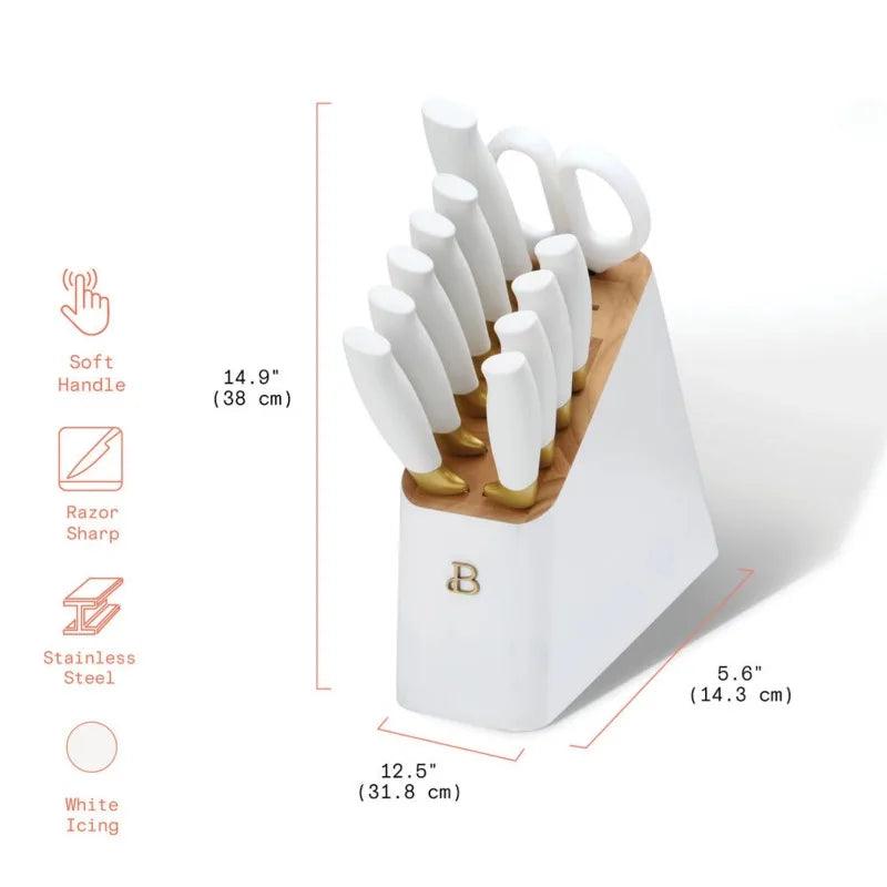 knives Beautiful 12 Piece Knife Block Set with Soft-Grip Ergonomic Handles White and Gold - Lily Depot