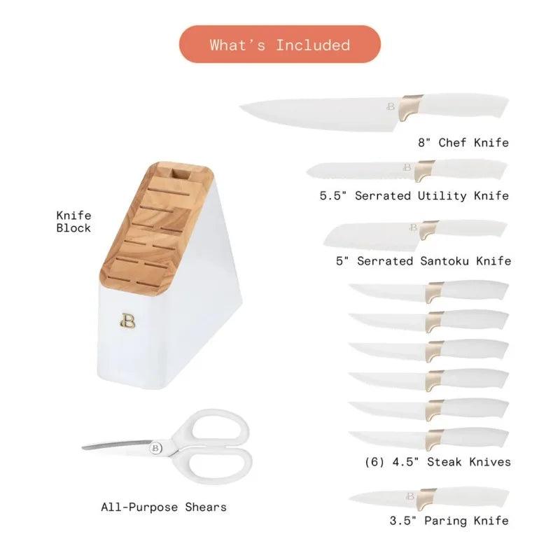 knives Beautiful 12 Piece Knife Block Set with Soft-Grip Ergonomic Handles White and Gold - Lily Depot