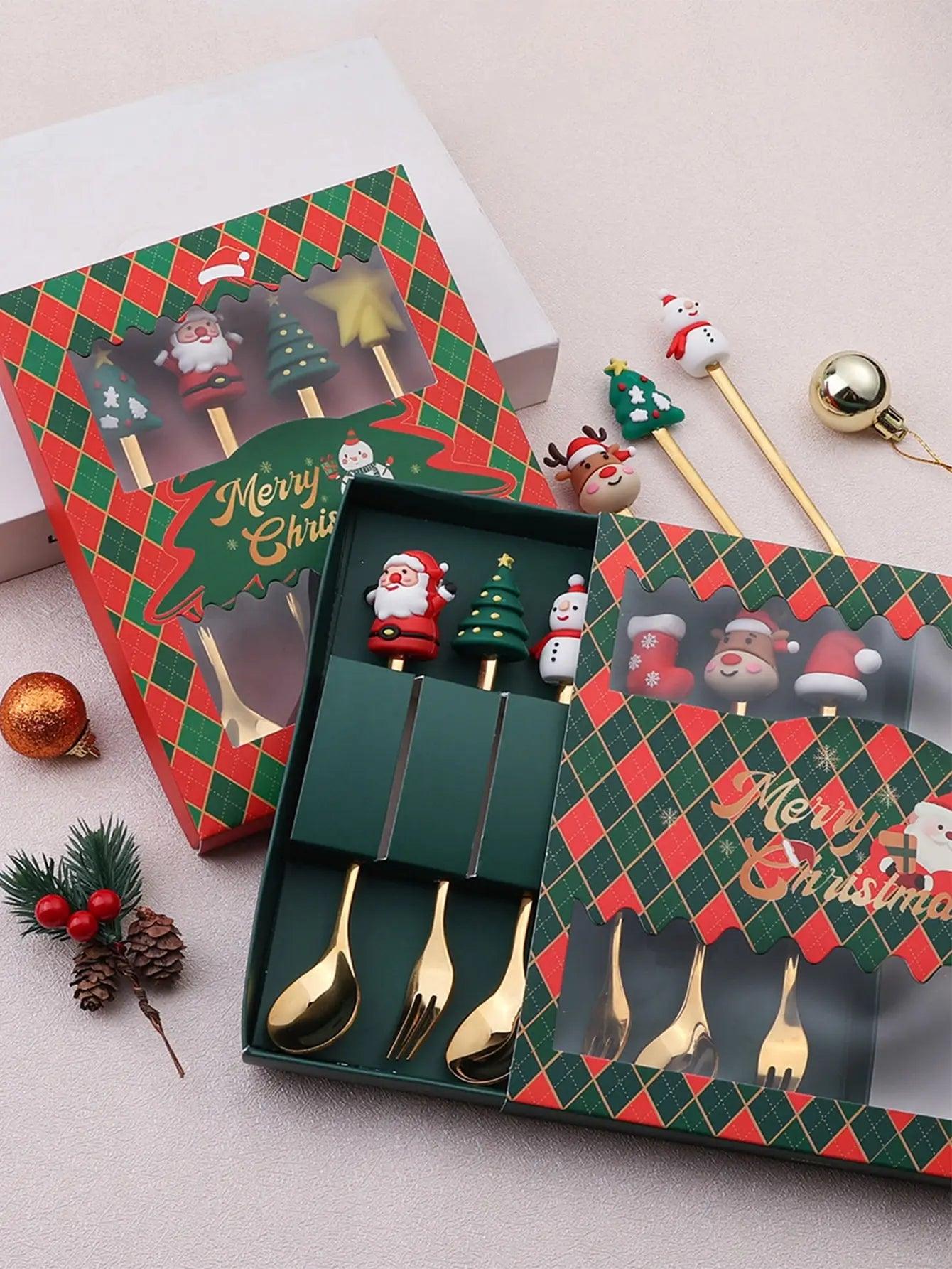 Leeseph Christmas Coffee Spoons Forks Set (4/6Pcs), Stainless Steel Spoon Forks Christmas Gifts for Kids(Red/Green Gift Box Set) - Lily Depot