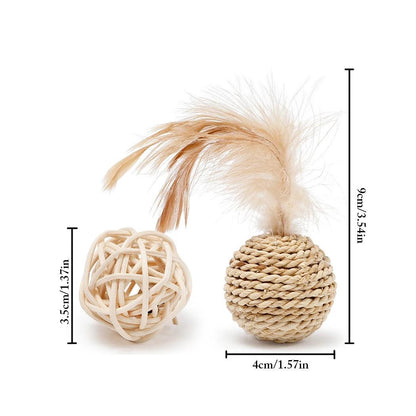 2pcs Cat Toy Pet Rattan Ball Cat Toy Funny Faux Feather Cat Bell Ball Kitten Playing Interactive Ball Toys Pet Supplies - Lily Depot