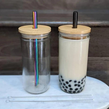 Mason Jars for Drinking Cup Bubble Tea Glass Cup with Bamboo Lid Reusable Glass Boba Smoothie Cup with Stainless Steel Straw Cup - Lily Depot