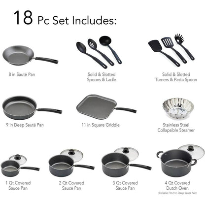 Primaware 18 Piece Non-stick Cookware Set, Steel Gray Cookware Sets Pots and Pans Kitchen - Lily Depot