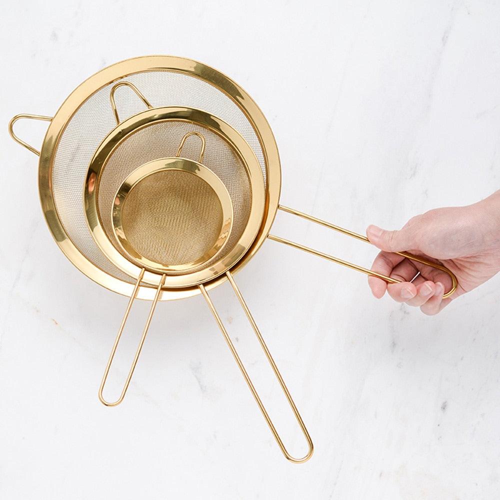Stainless Steel Fine Mesh Oil Strainer Golden Flour Sifter Sieve Colanders Flour Coffee Mesh Filter Baking Tools Kitchen Bakware - Lily Depot
