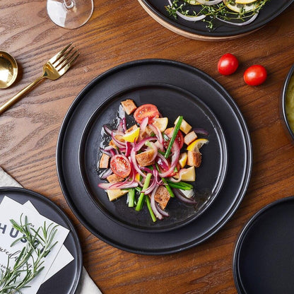 Stone Lain Cecile Stoneware 12-Piece Round Dinnerware Set, Black serving dishes sets - Lily Depot