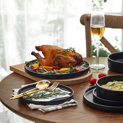 Stone Lain Cecile Stoneware 12-Piece Round Dinnerware Set, Black serving dishes sets - Lily Depot