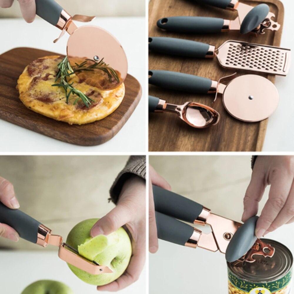 Walfos 7 Pcs Kitchen Gadget Set Copper Coated Stainless Steel Utensils with Soft Touch Rose Gold Garlic Press Pizza Cutter - Lily Depot