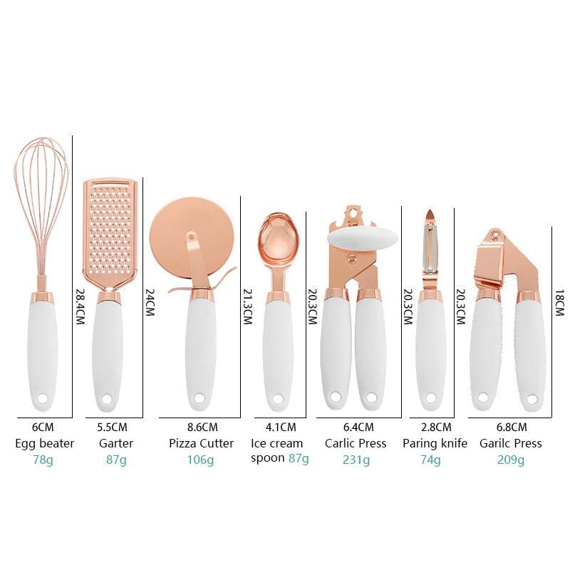 Walfos 7 Pcs Kitchen Gadget Set Copper Coated Stainless Steel Utensils with Soft Touch Rose Gold Garlic Press Pizza Cutter - Lily Depot