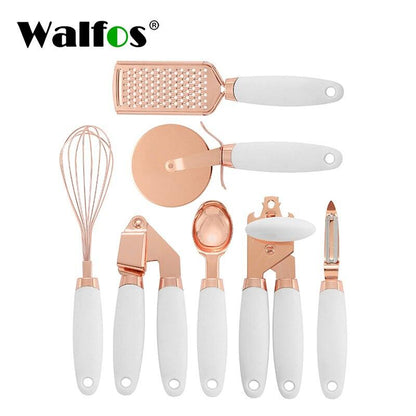 Walfos 7 Pcs Kitchen Gadget Set Copper Coated Stainless Steel Utensils with Soft Touch Rose Gold Garlic Press Pizza Cutter - Lily Depot